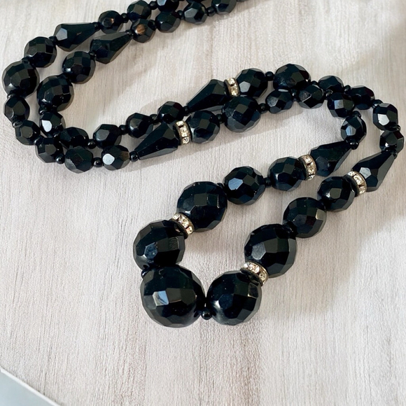 Art Deco French Jet Black Glass Beaded Rhinestone Necklace - Picture 6 of 6